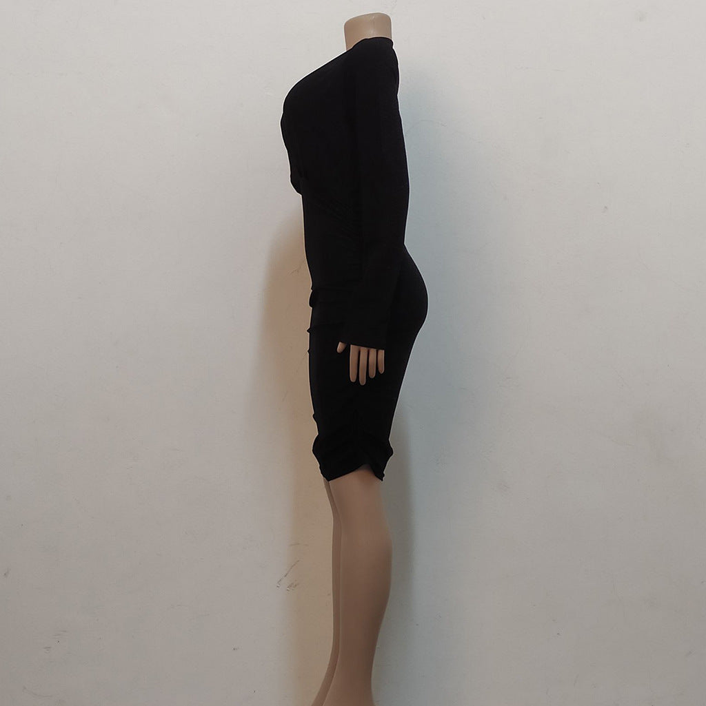 Sexy Fashion Bright Silk V-Neck Women's Long Sleeve Dress 9