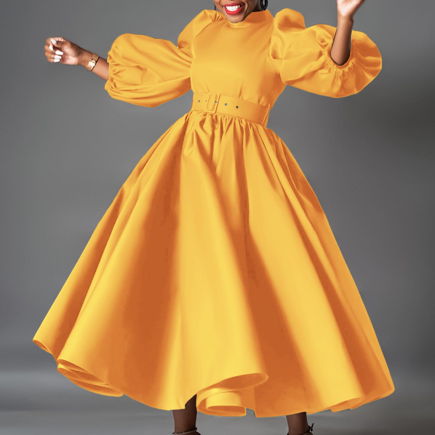 Plus Size Women's Loose Fashion Solid Color Puff Sleeve A-Line African Dress 3