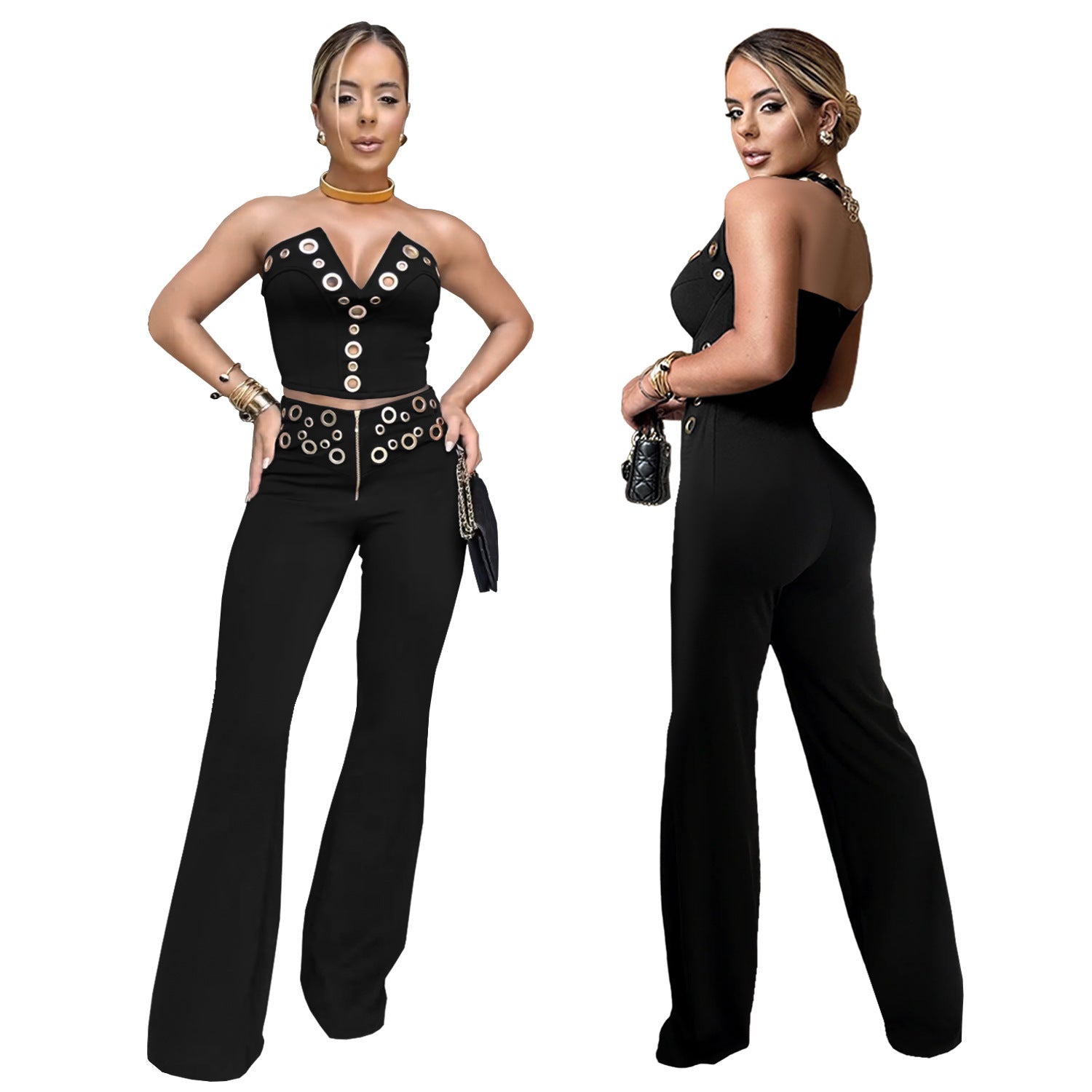 Women's Sexy Strapless Metal Buckle Fashionable Two Piece Pants Set 3