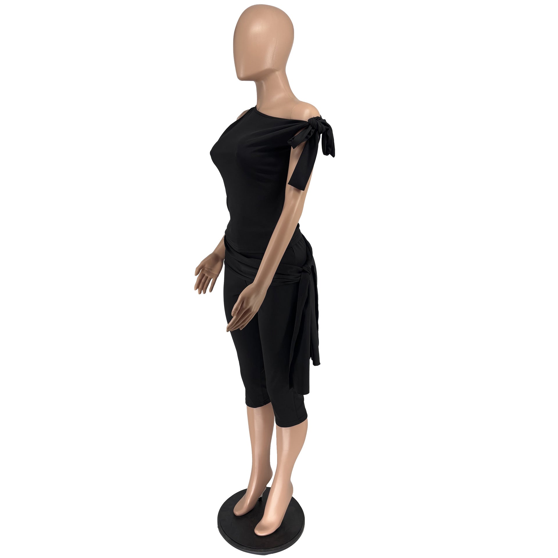 Women Summer Slash Shoulder Lace-Up Casual Solid Top and Shorts Two Piece Set 13