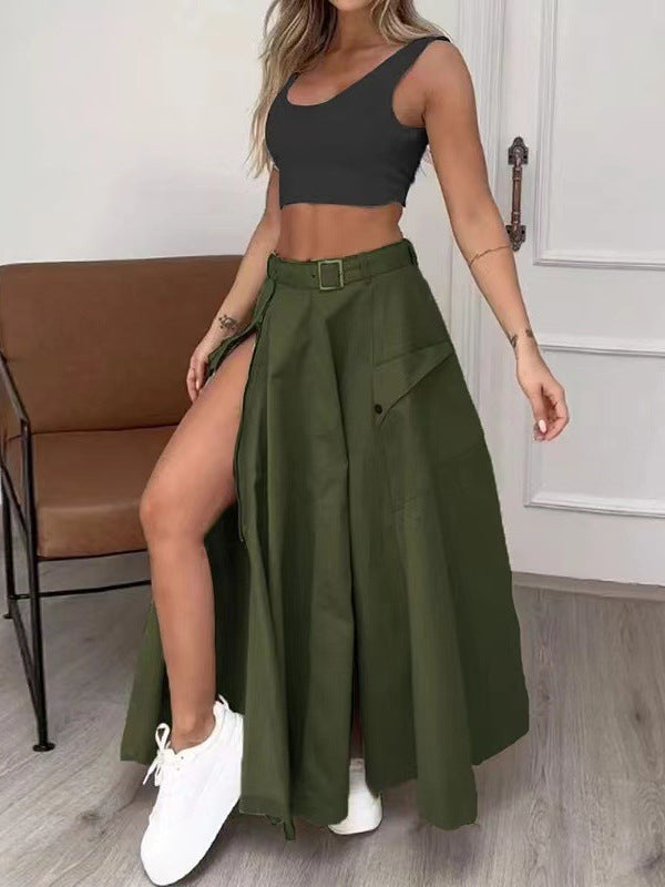 Summer Women's Sleeveless Solid Color Slit Two-Piece Skirt Set 5