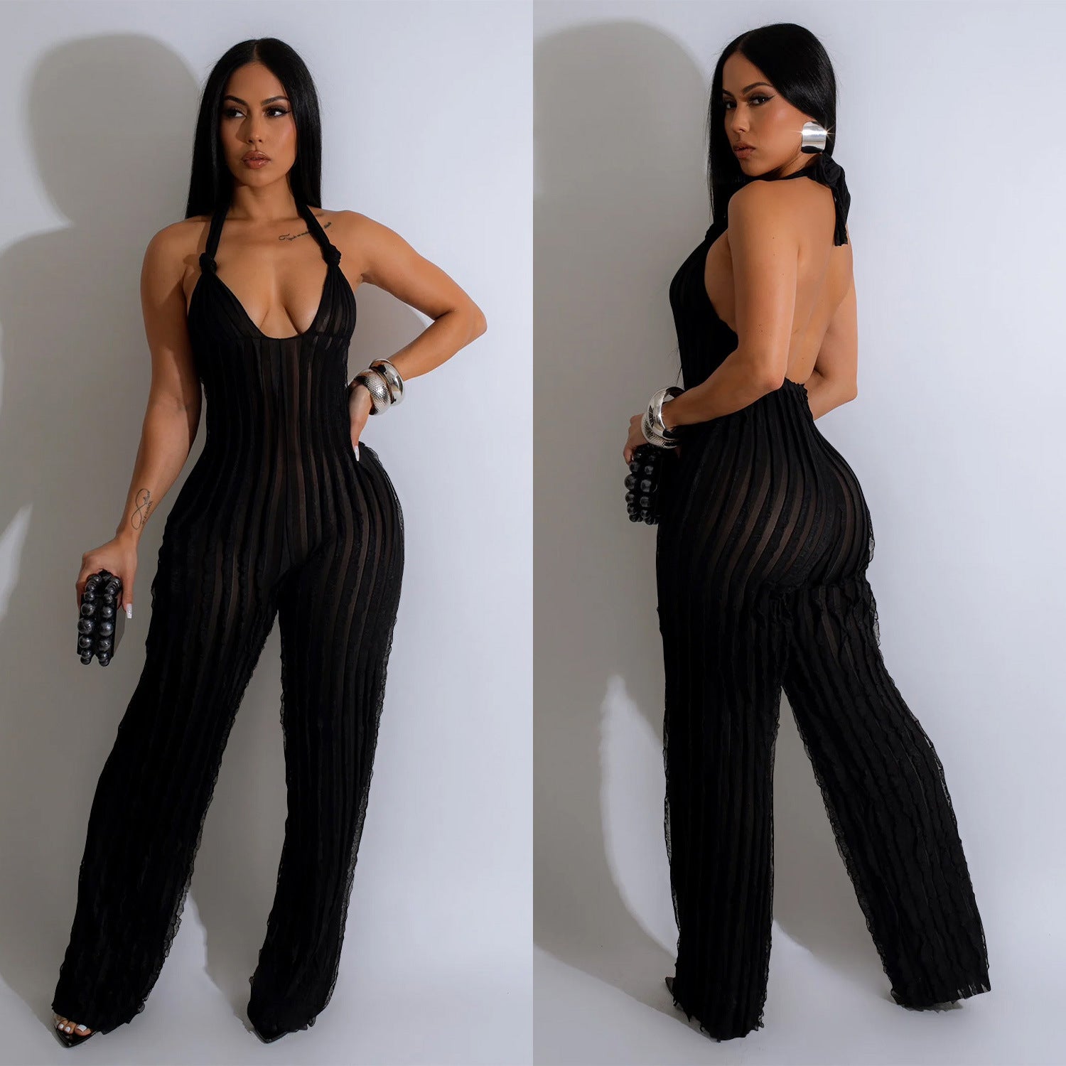 Fashion Women's Solid Color Low Back Deep V Halter Neck Jumpsuit