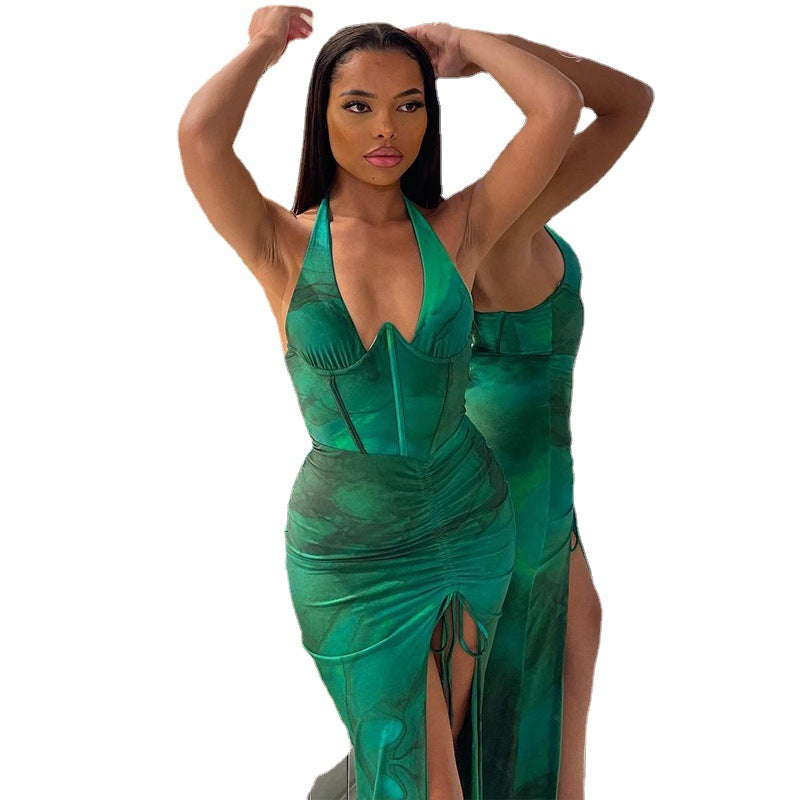 Sexy Slim Fit Dress V-Neck Halter Neck Split Maxi Dress 6