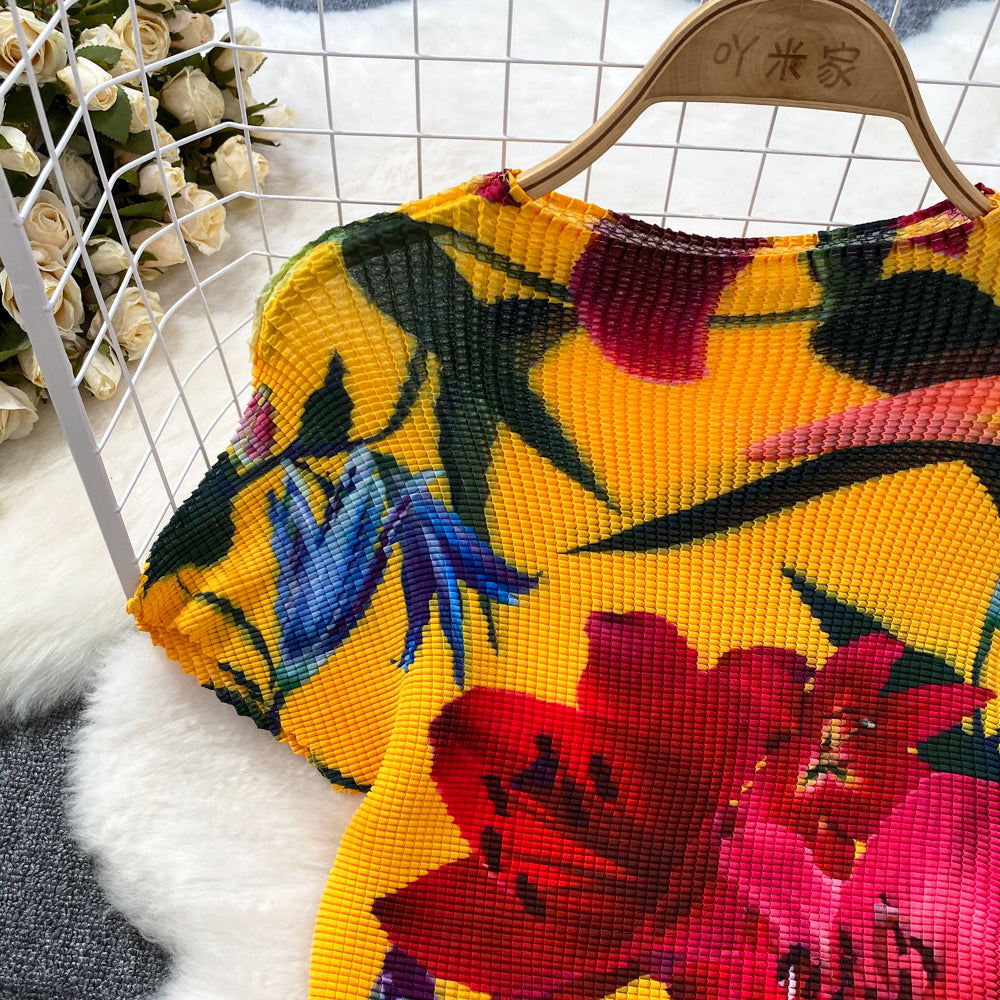 Fashion Women's Short Sleeve Printed Pleated Top High Waisted Slim Fit Wide Leg Pants Two-Piece Set 11