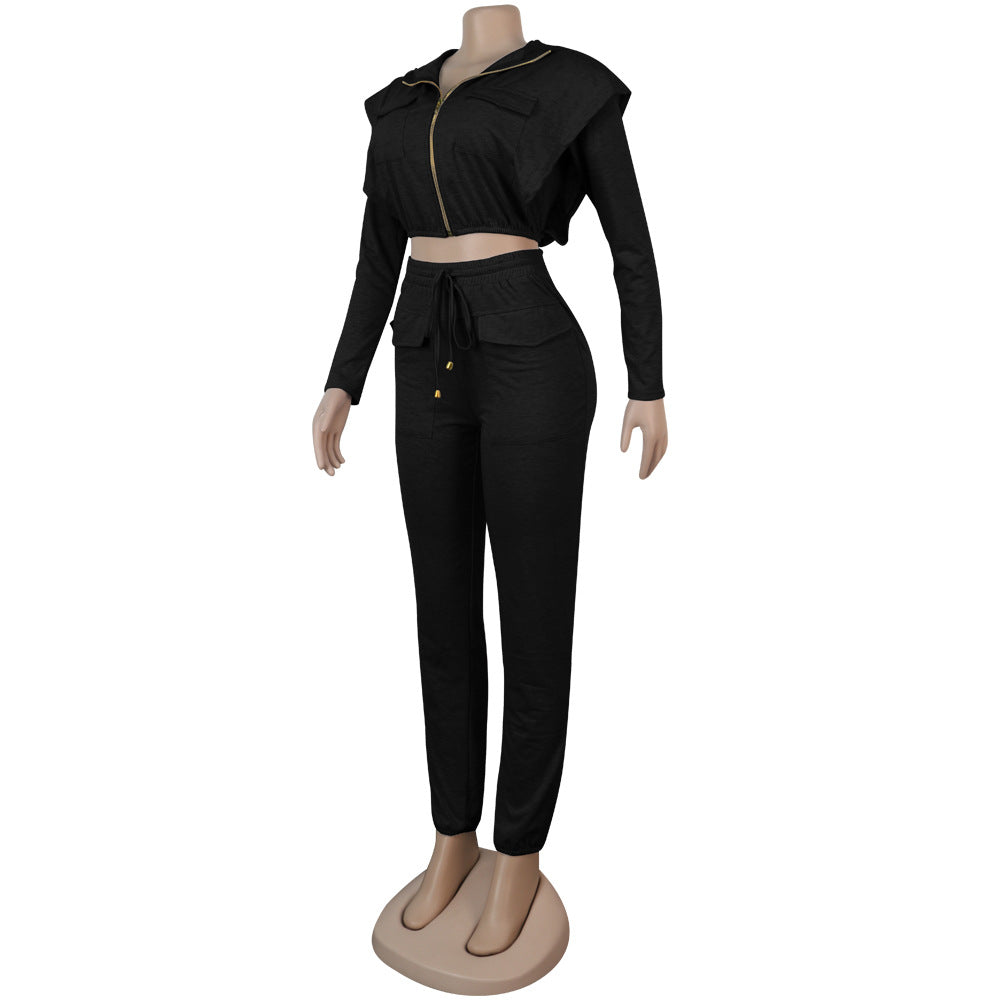 Women Sexy Zip with Cap Long Sleeve Top + Trousers Two-piece Set 22