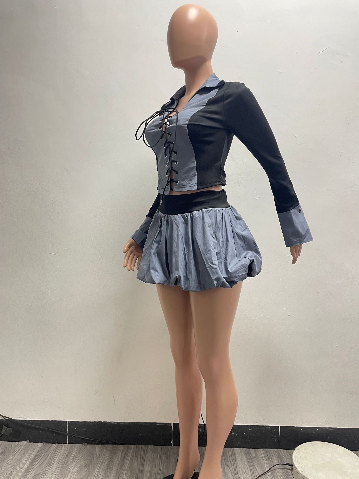 Women Sexy Lace-Up Contrast Long Sleeve Top and Puffy Skirt Set Underwear 11