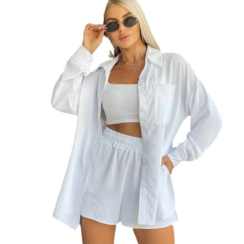 Spring and Spring Women's Solid Color Long-Sleeved Shirt Elastic Waist Loose Shorts Casual Two-Piece Set 10