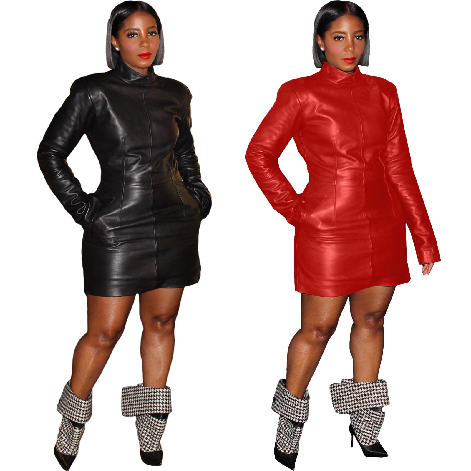 Women Solid Color Pu Leather Long Sleeve Pocket Zipper Dress 3