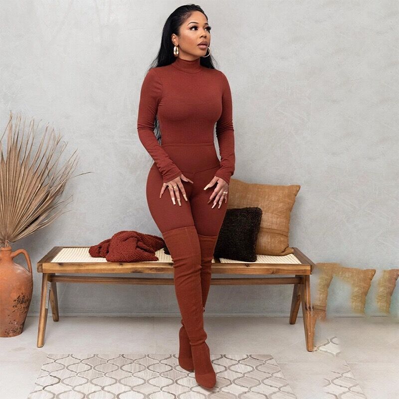 Women's Autumn And Winter Tight Fitting High Neck Long Sleeve Tops And Pants Two-Piece Street Casual Suit For Women 6