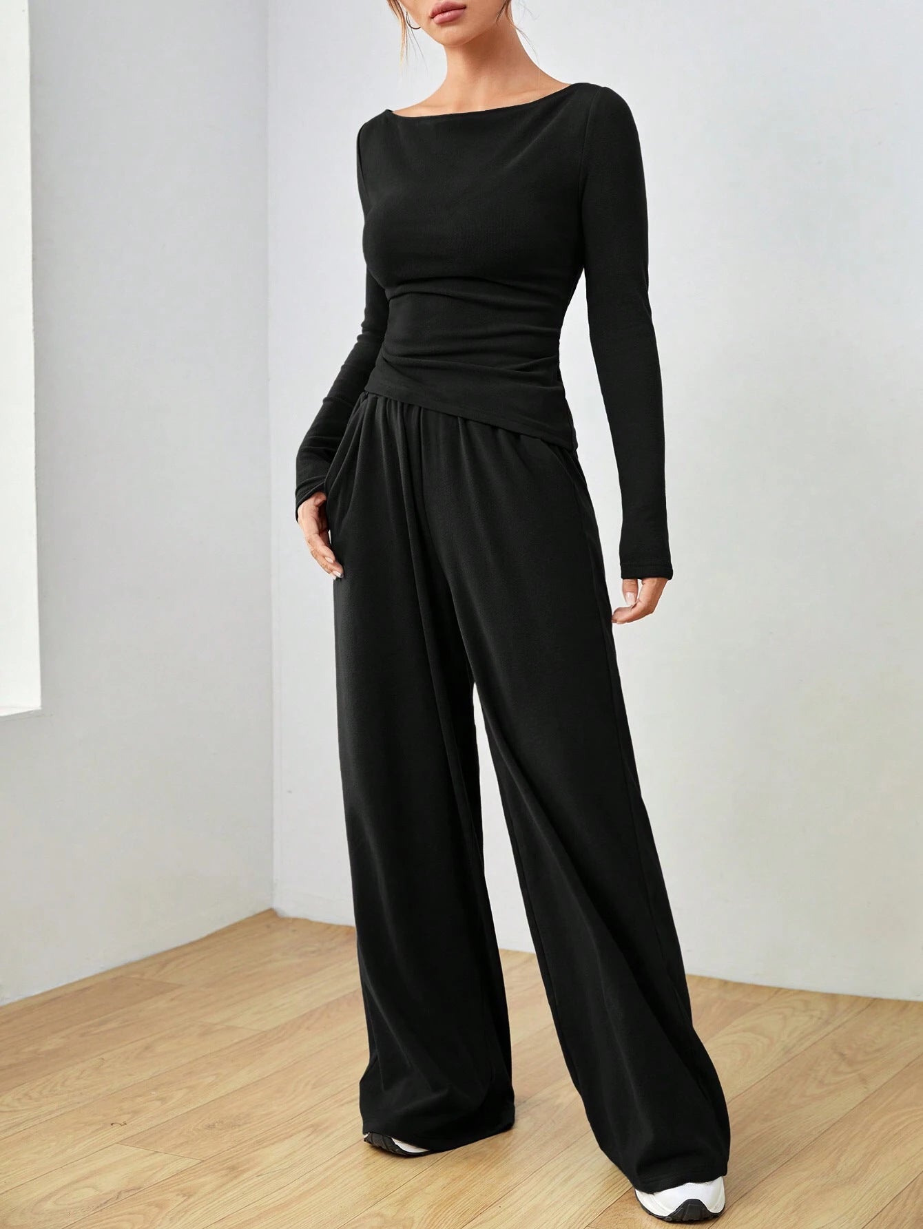 Women autumn and winter two-piece suit solid long sleeve casual wide-leg Pants two-piece suit