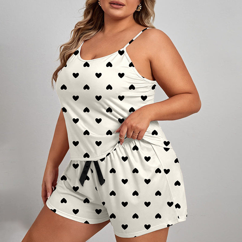 Summer Plus-Size Women's Heart Print Pajama Set Bow Shorts Loose Sleepwear 7