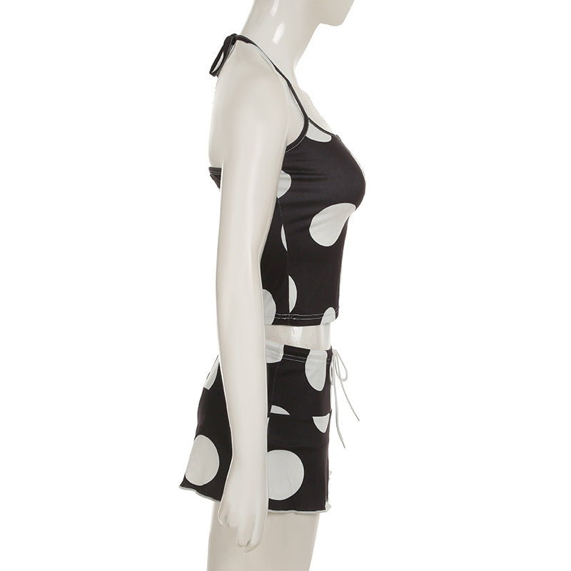 Polka Dot Black And White Contrast Print Halter Neck Crop Strap Top Drawstring High Waist Ruffle Skirt Casual Sexy Two Piece Set 8