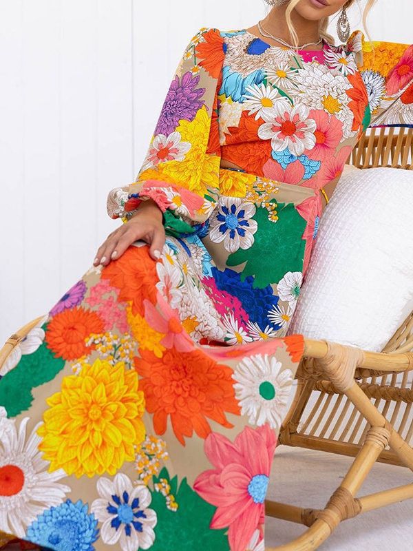 Spring long-sleeved print lace-up Open Waist Holidays street fashion dress for women