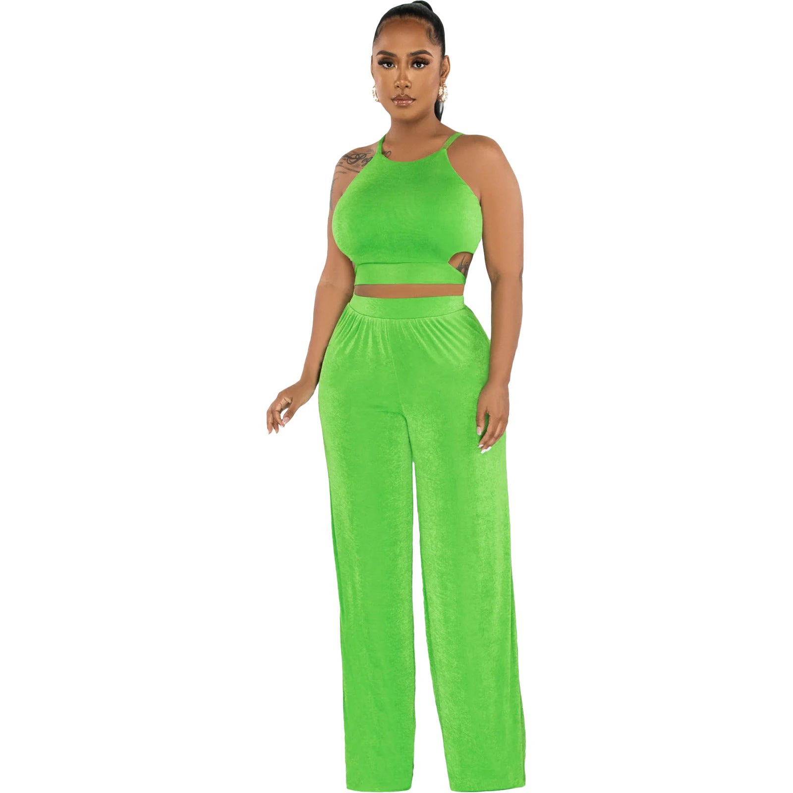 Women Halter Neck Crossover Crop Top andSolid Wide Leg Pants Two-Piece Set 12