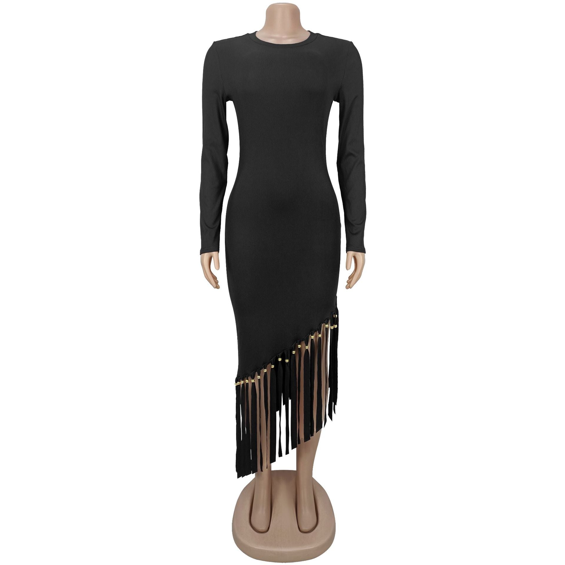 Women Solid Round Neck Tassel Dress 12