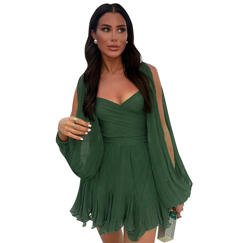 Women Summer Solid Casual Mesh Long Sleeve Lace-Up Backless Mini Dress 9
