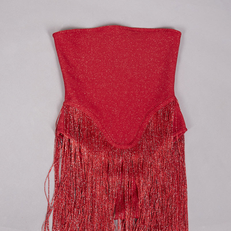 Women Tassel Patchwork Strapless Dress 14