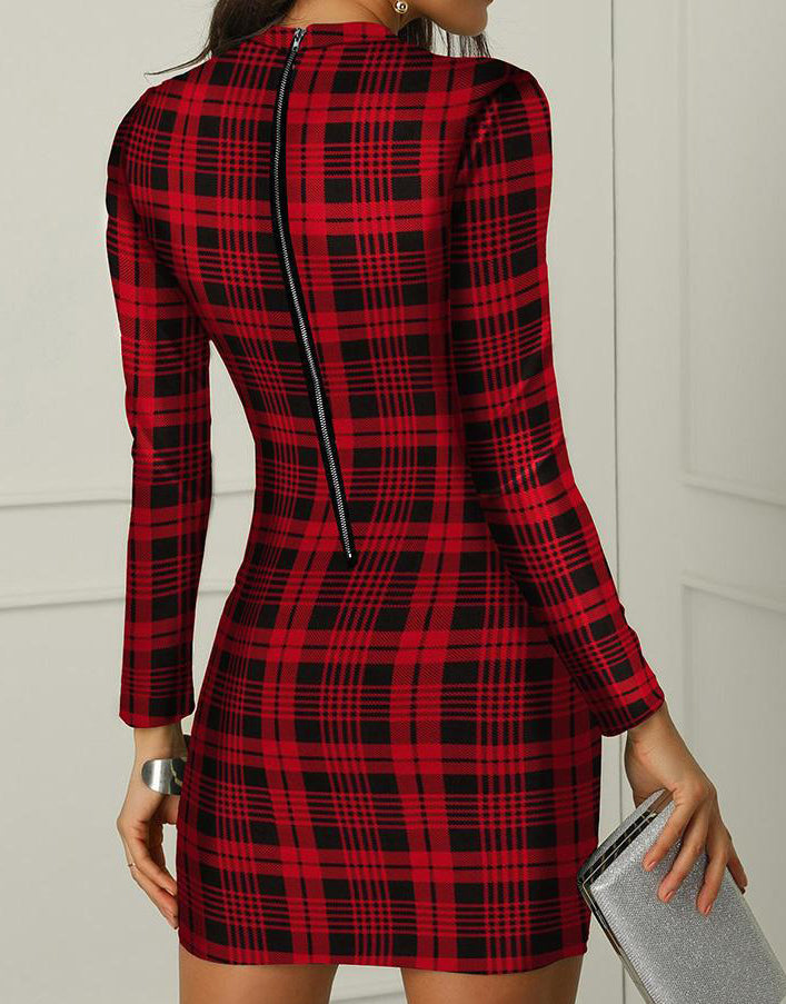 Women's plaid print slim long sleeve bodycon dress 3