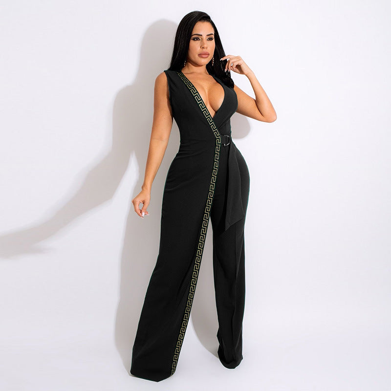 Spring Fashion Deep V Slim Jumpsuit With Belt 4