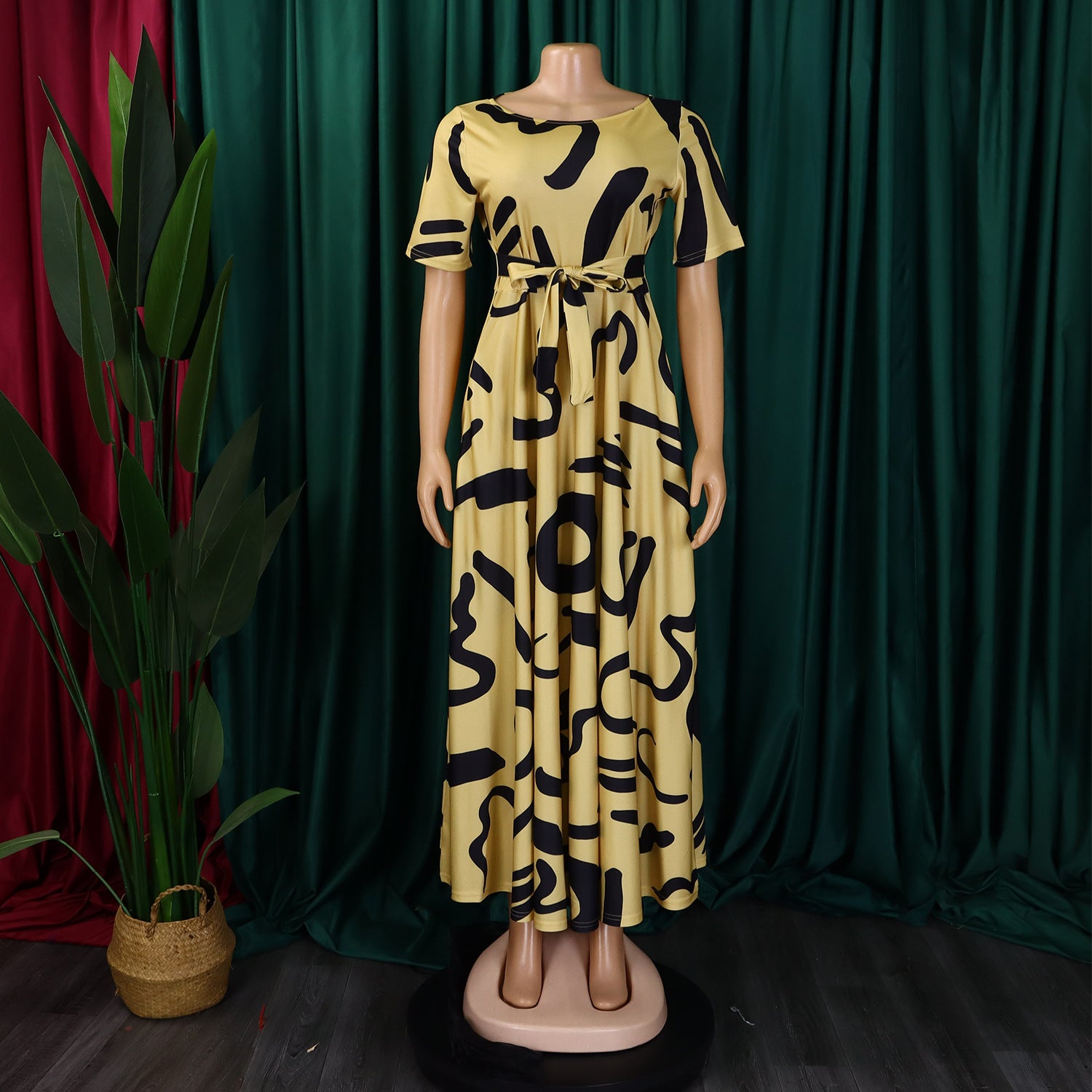 Women's Fashion Chic Tie-Waist African Plus Size Short Sleeve A-Line Dress 19