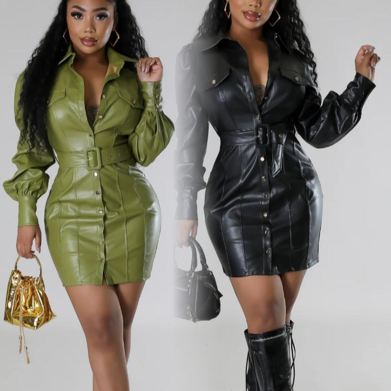 Women Pu Leather Long Sleeve Turndown Collar Dress 5