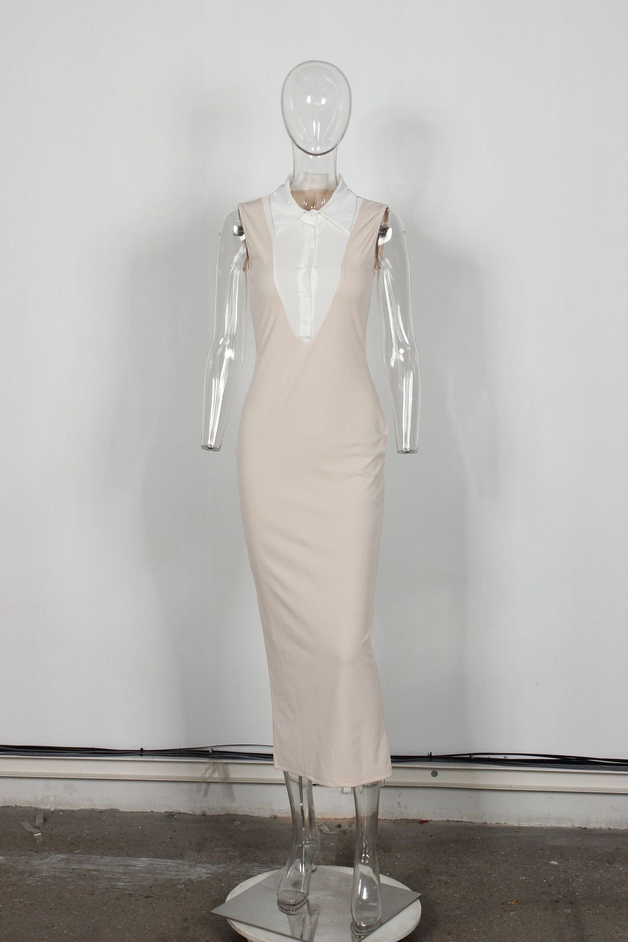 Women Contrast Patchwork Sexy Turndown Collar Sleeveless Bodycon Slit Dress 11