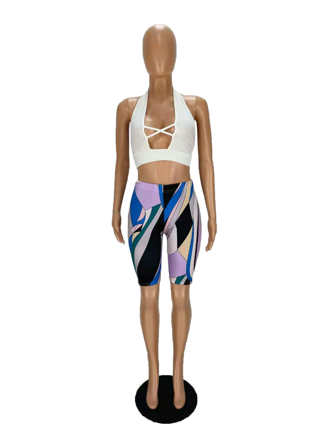 Women's Halter Neck Cross Hollow Low Back Tank Top Printed Shorts Two-Piece Set 8