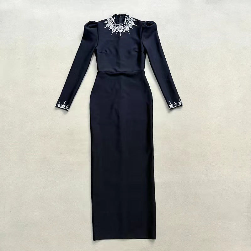 Women Black Turtleneck Long Sleeve Slit Formal Party Evening Dress 6