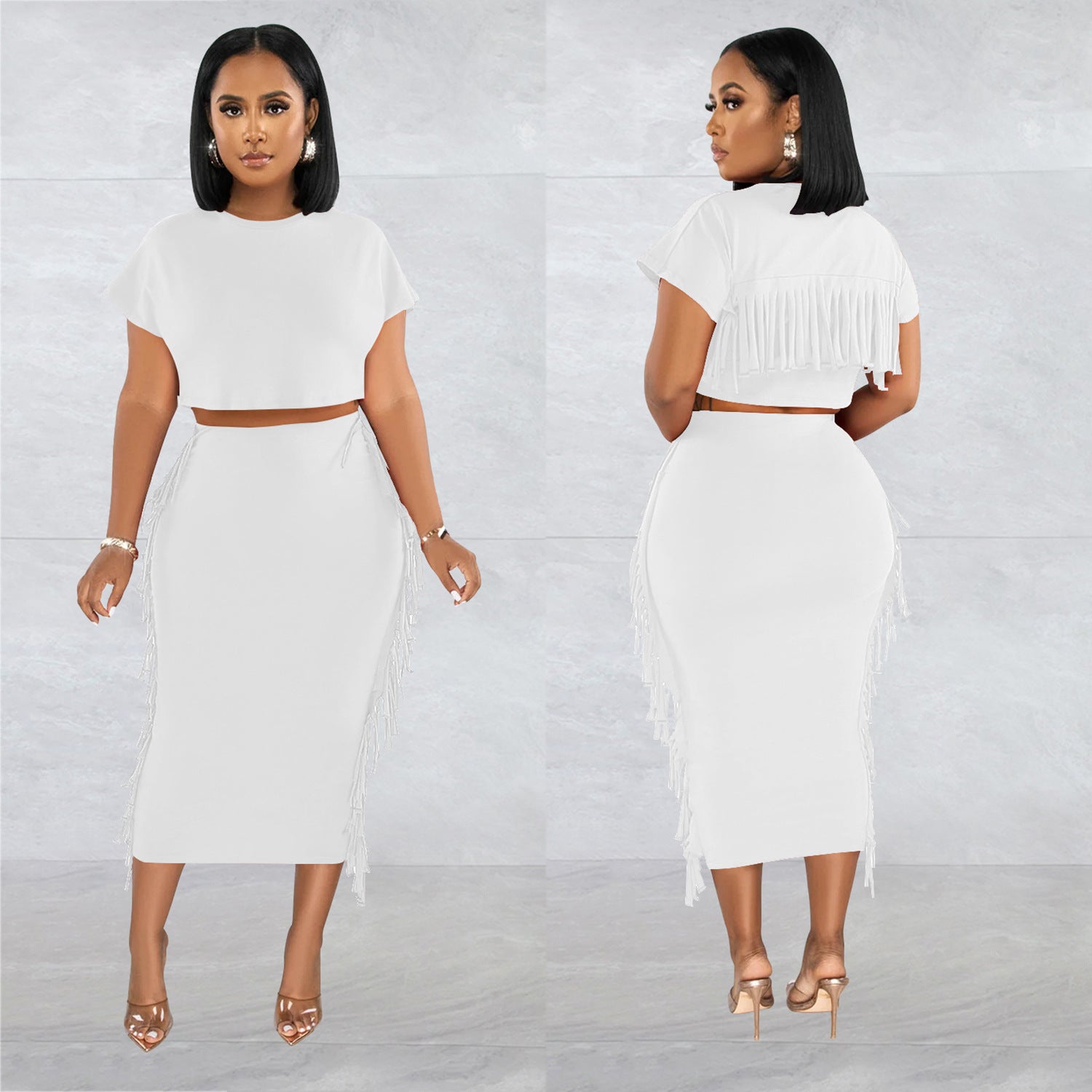 Women Solid Tassel Round Neck Short Sleeve Top and Long Dress Two-Piece Set 6