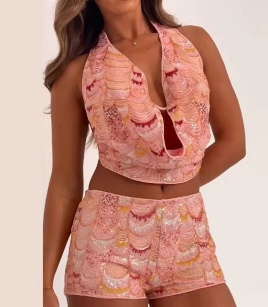 Women sequined backless Halter Neck sexy suspender top and shorts two-piece set 3