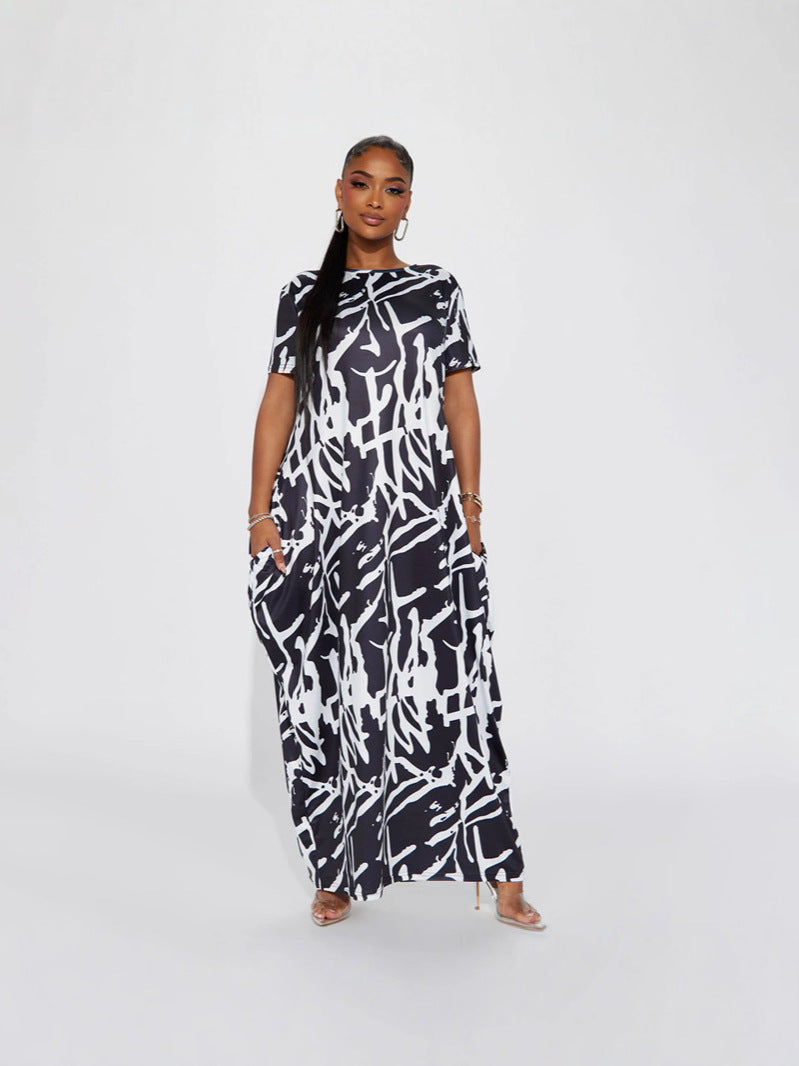 Women Casual Printed Black and White Short-Sleeve Round Neck Maxi Dress 5