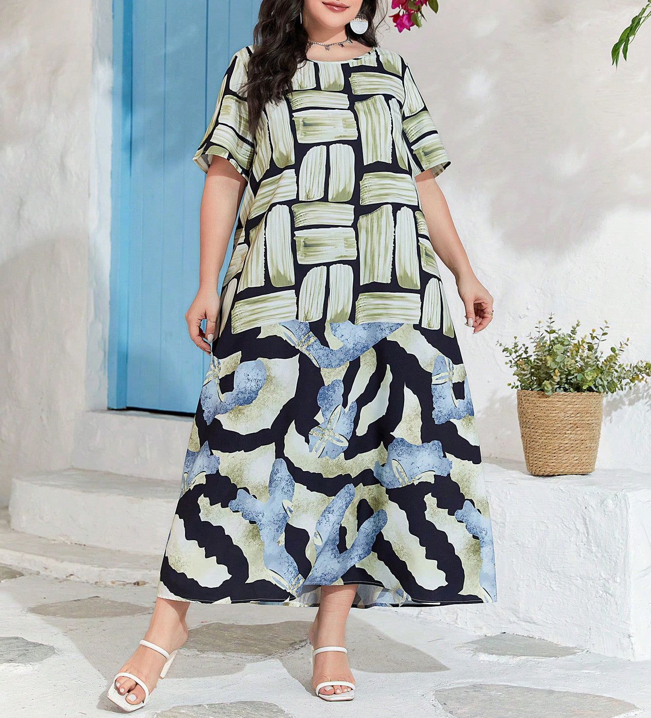 Plus Size Women's Career Chic Autumn Fashion Printed Loose Short Sleeve Long Dresses