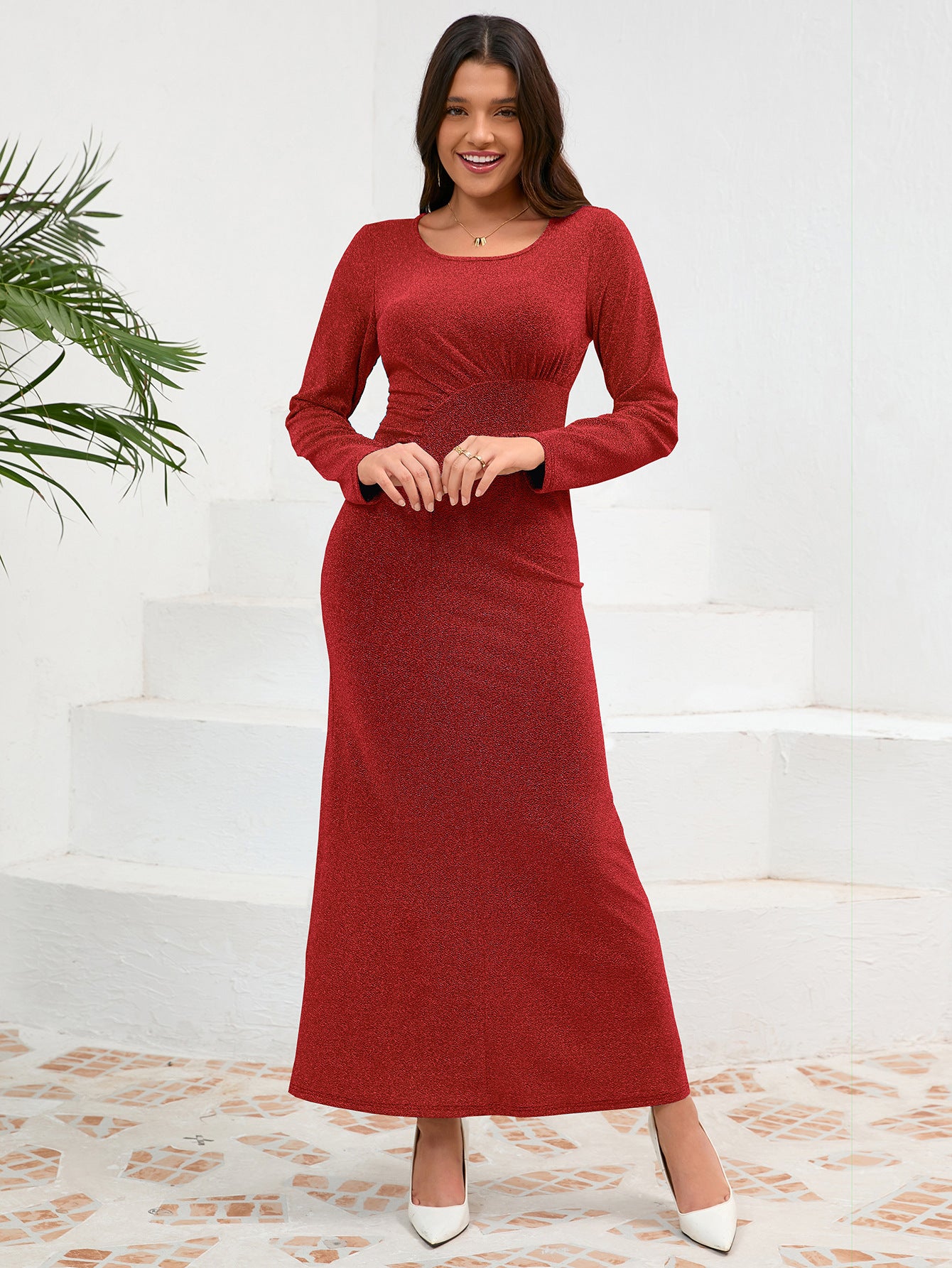 Autumn winter Round Neck long-sleeved shiny evening dress Slim Fit Formal Party Long gown 9