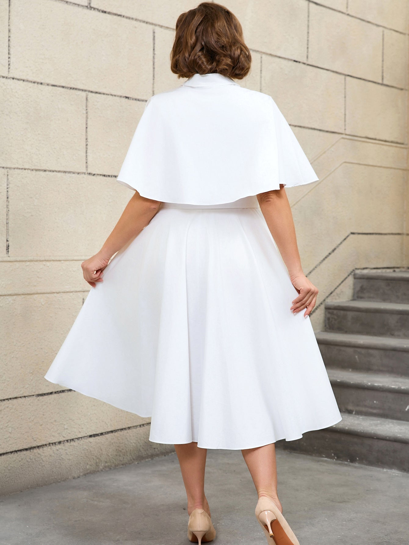 Plus Size White Belted Shirt Dress Cape Sleeve Button-Down A-Line Midi Dress 3