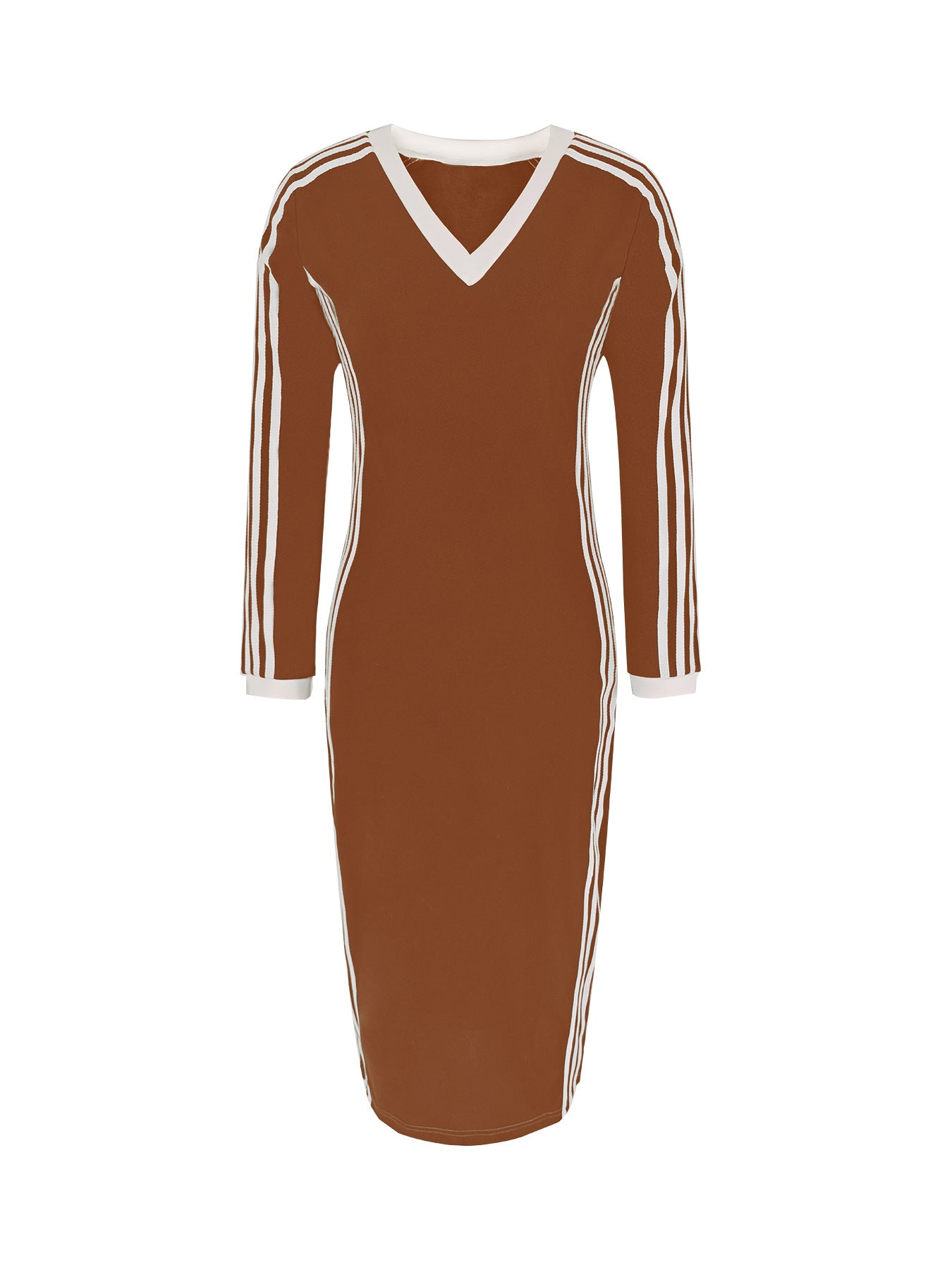 Women Casual Elegant V-Neck Striped Patchwork Long-Sleeved Dress 14