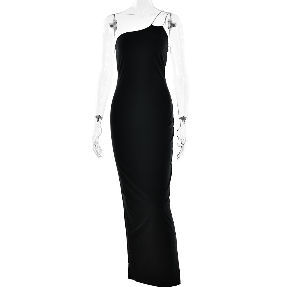 Women's Rhinestone Strap Dress Sexy Chic Low Back Slash Shoulder Maxi Dress 6