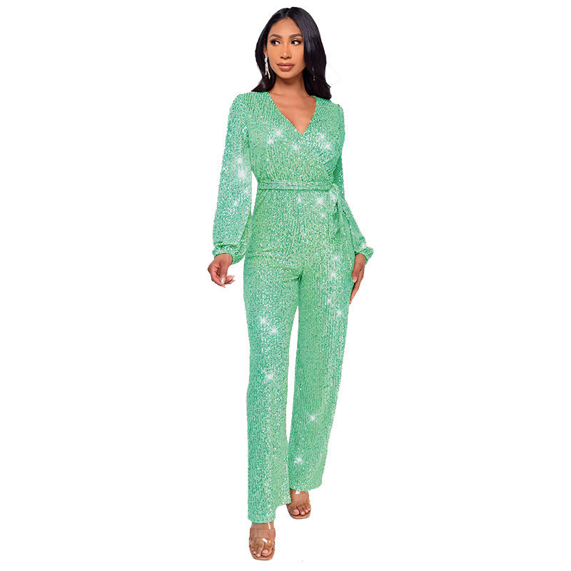 Fashion Casual Long Sleeve Belt Sequin Jumpsuit Women's Clothing 7