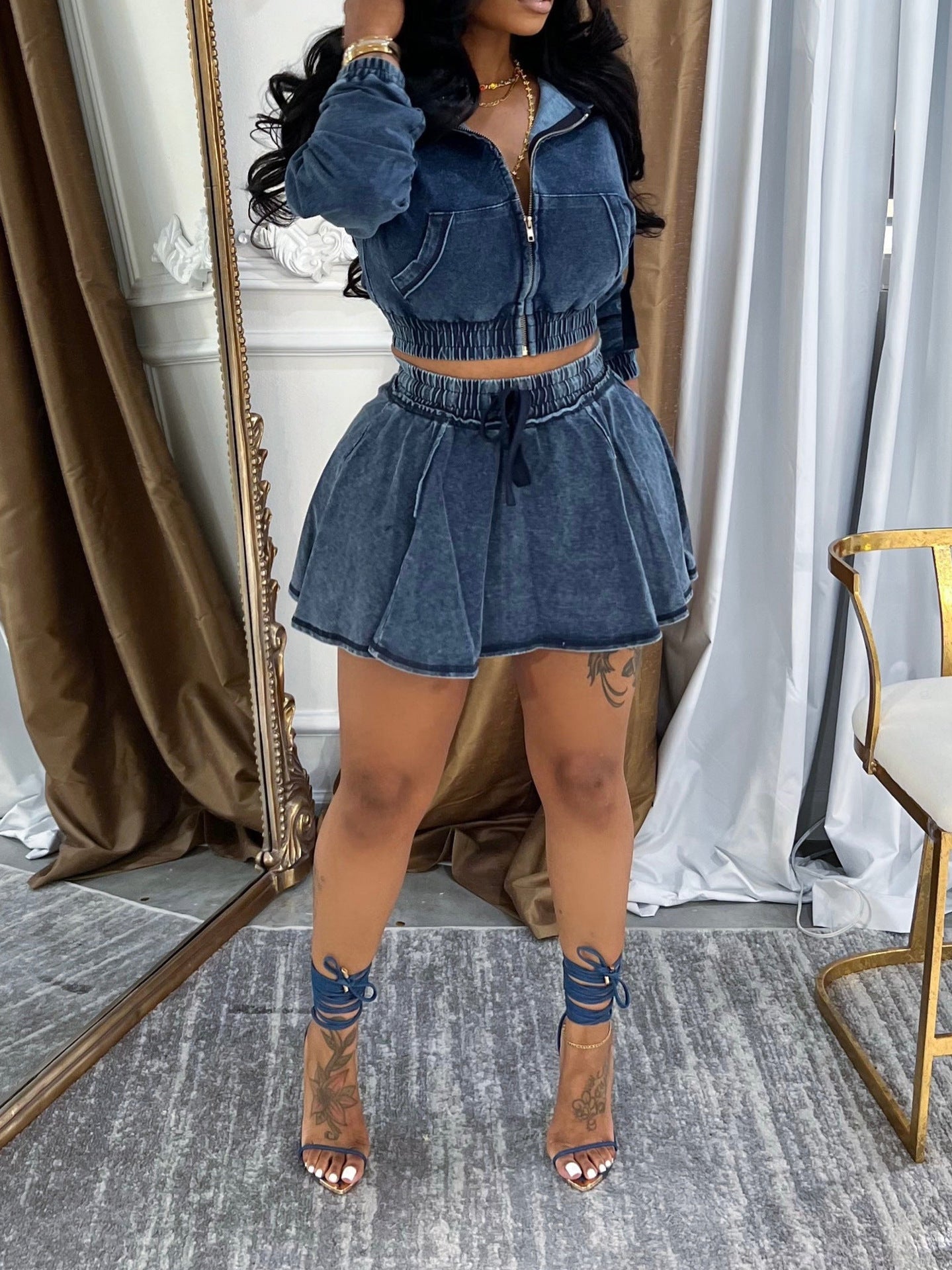 Women Denim Jacket and Skirt Two Piece Set