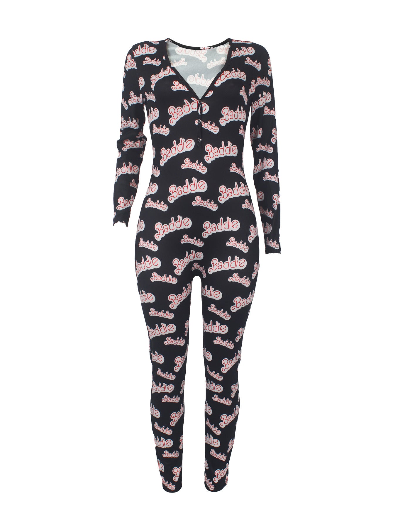 Women's Sexy Fashion Pattern Print Deep V-Neck Long Sleeve Tight Slim Jumpsuit 53