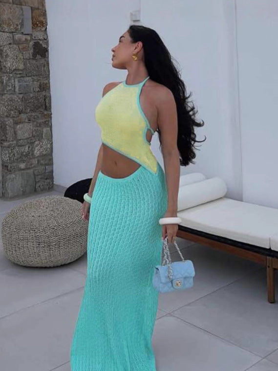 Women Summer Sexy Contrast Halter Neck Camisole Knitting Cutout Skirt Two-Piece Set