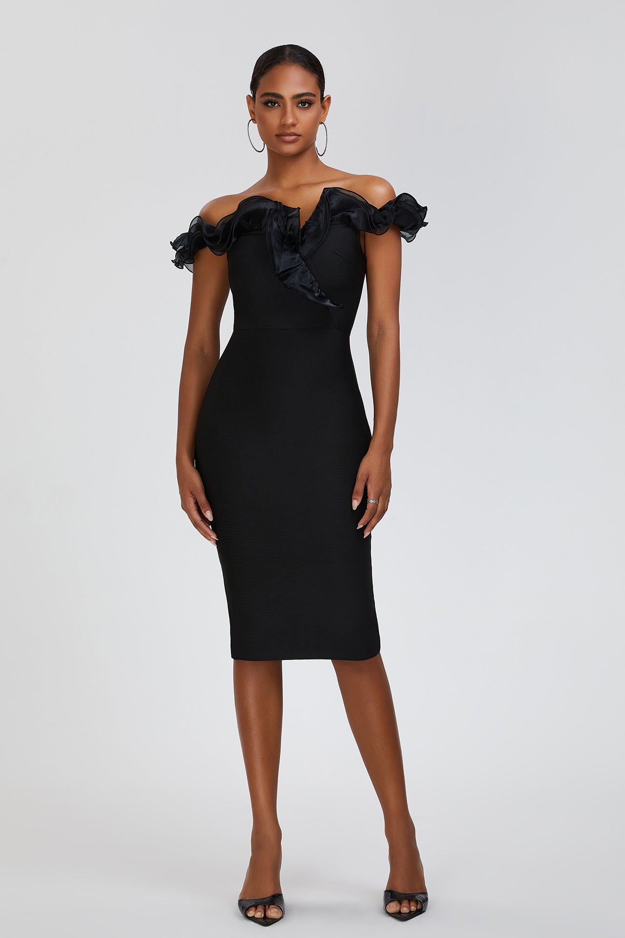 Ruffle Bandage Dress Fashionable And Elegant Off Shoulder Strapless Black Formal Party Dress 6