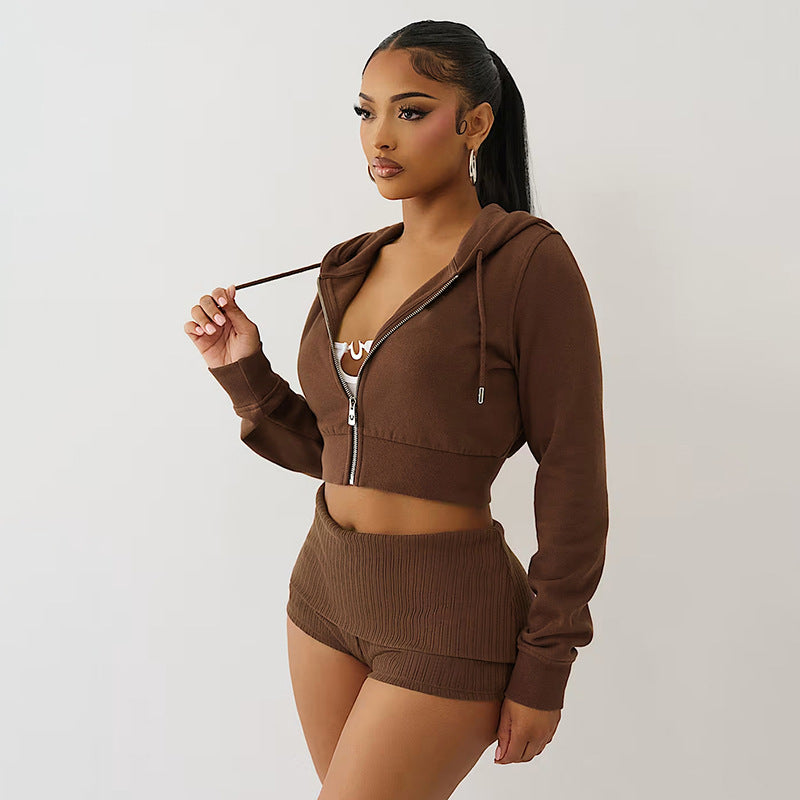 Women Fall Casual Zipper Hoodies and Fold-Up Shorts Two-Piece 10