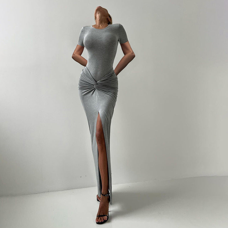 Spring Women Solid Round Neck Short Sleeve Bodysuit Sexy Slit Skirt Two-Piece Set 4