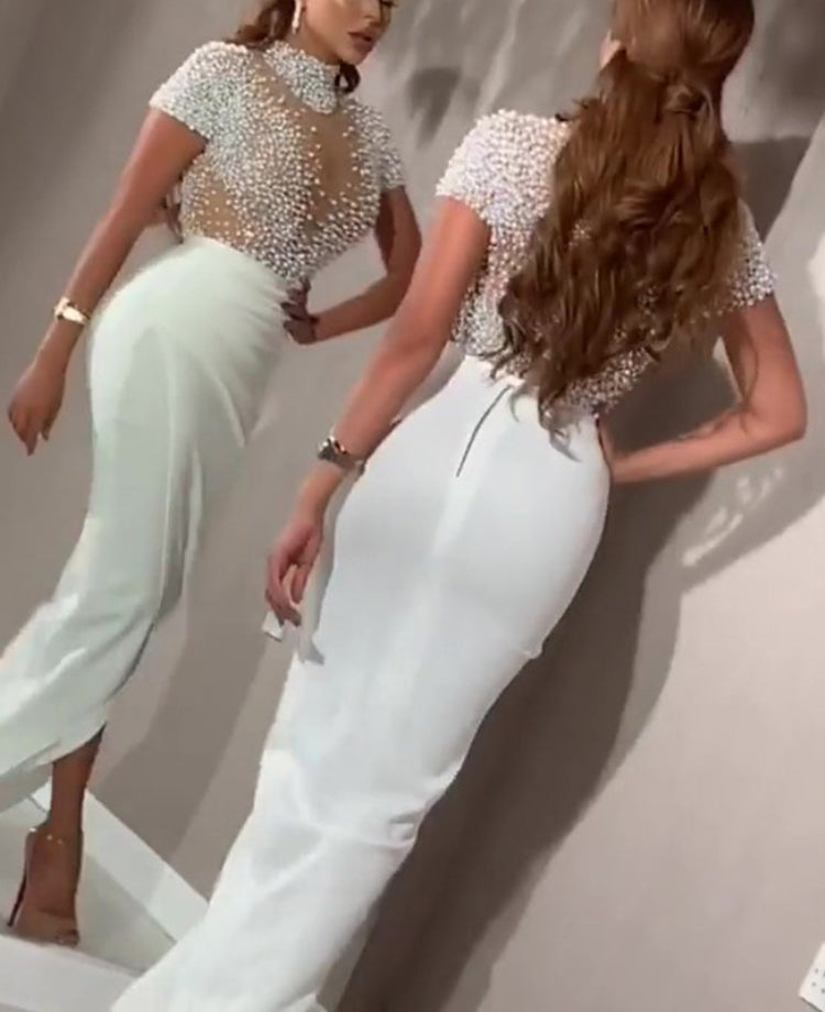 Autumn Formal White Beaded Short Sleeves Slit Evening Dress