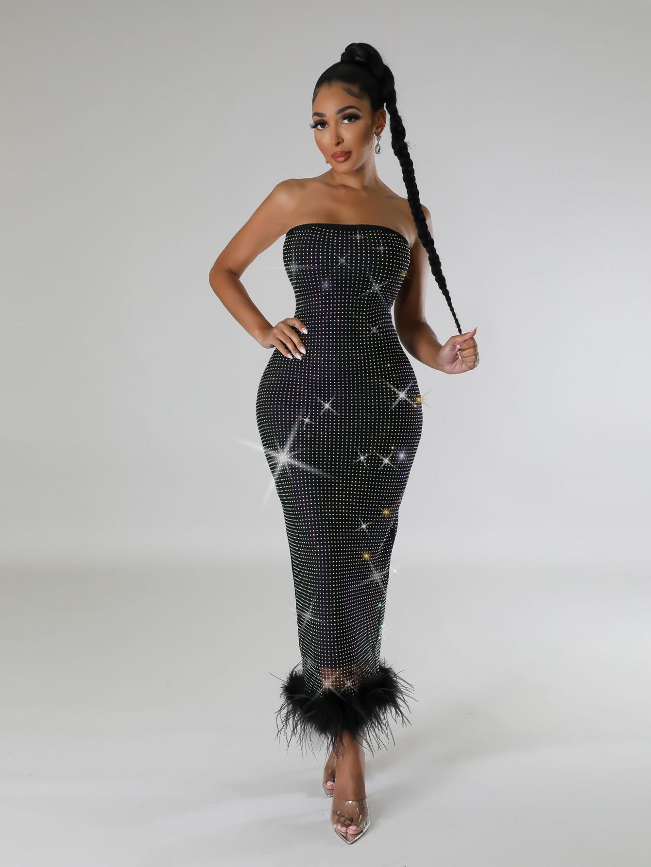 Women's Strapless Mesh Beaded Feather Slit Sexy Fashion Black Dress 5
