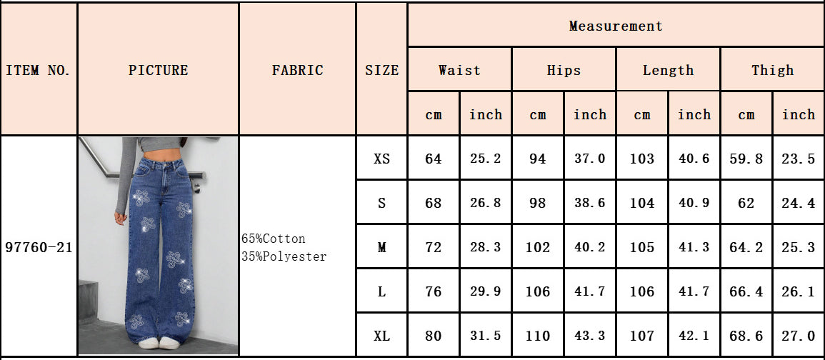 Women Autumn Floral Beaded Denim Pants 7