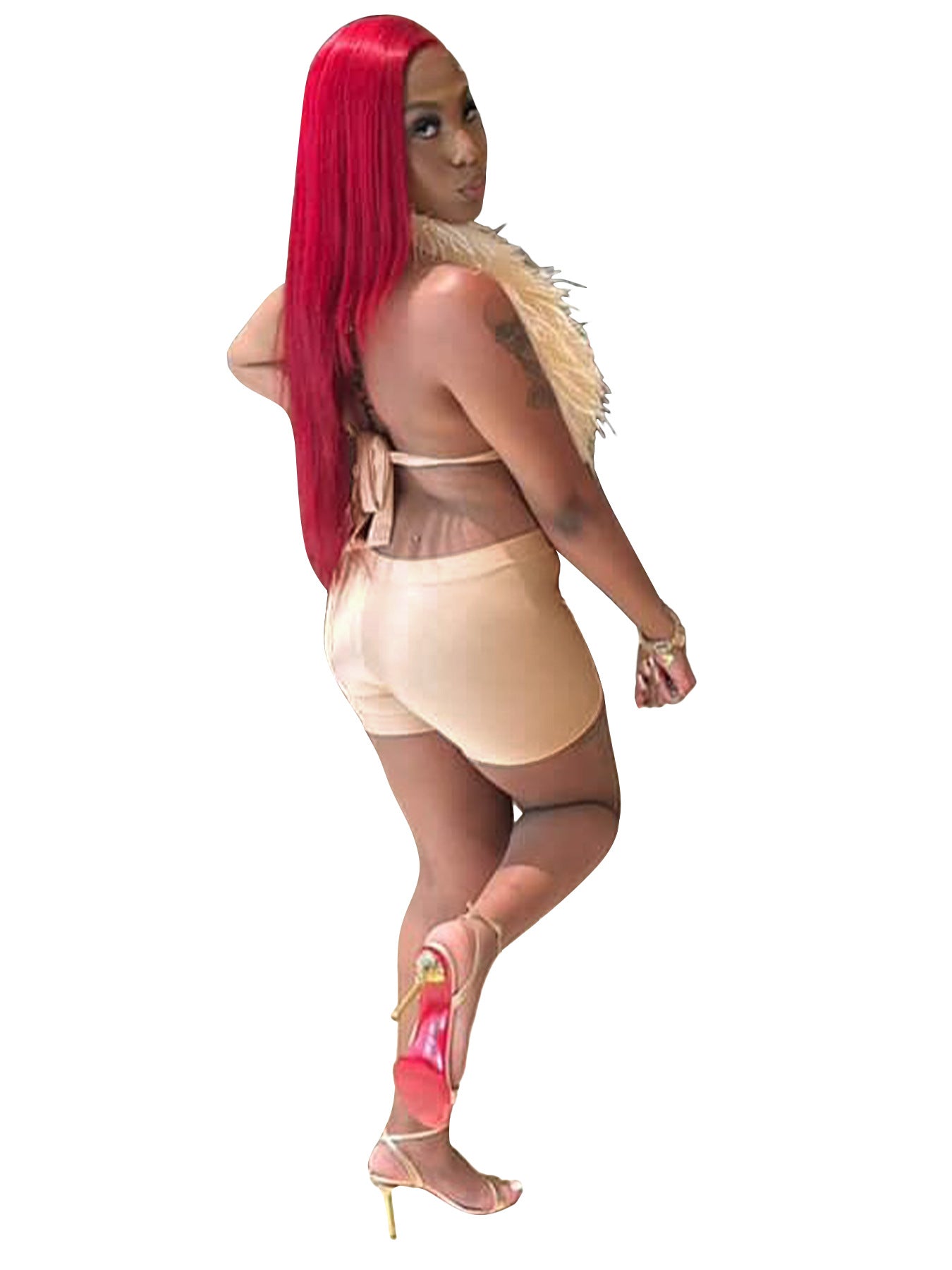 Women sexy nightclub Halter Neck Lace-Up Feather Top and Shorts two-piece set 24