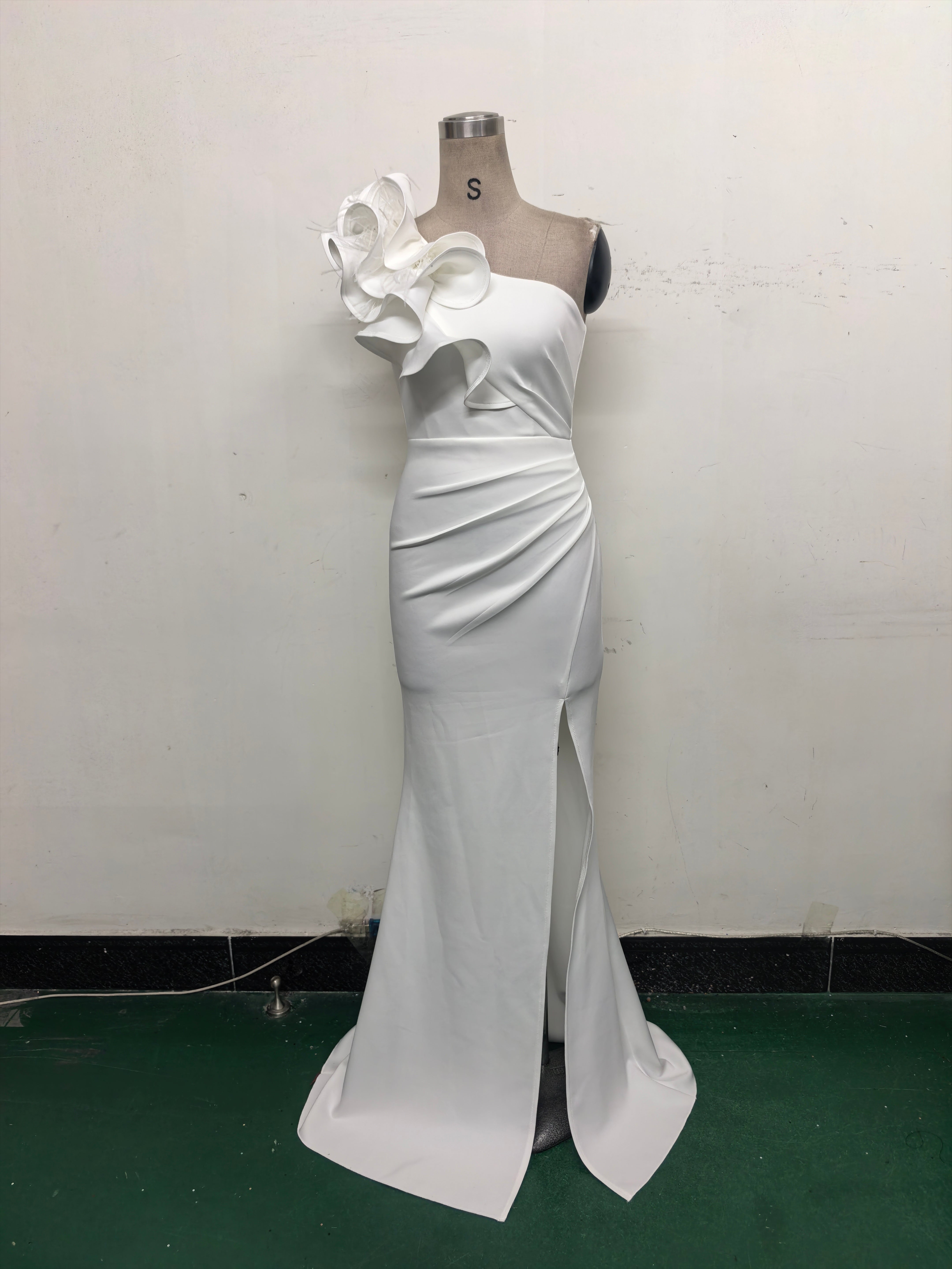 Women One-Shoulder Beaded Wool and Floral Satin Slit Sexy Evening Dress 39