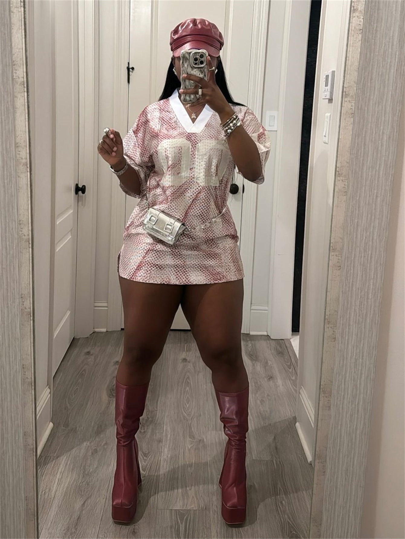 Autumn V-Neck Print Sports Jersey Loose Casual Short Dress 6