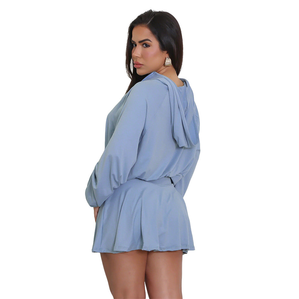 Women Solid Casual Sport Top with Hood and Skirt Two-Piece Set 4